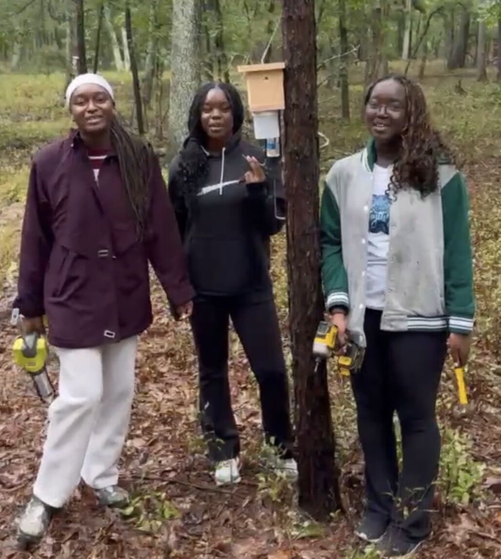 Three Girl Scouts standing next to a tree with a finished bee trap already hanging on it.