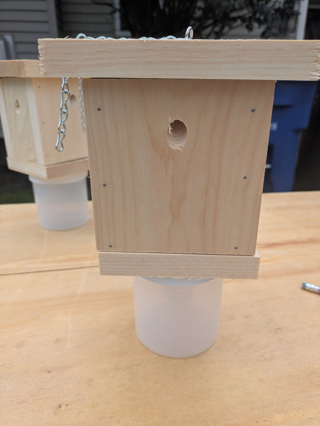 One of the team's finished pine bee traps, hanging by its chain, with the entry hole drilled in the side and a clear plastic jar screwed on underneath.